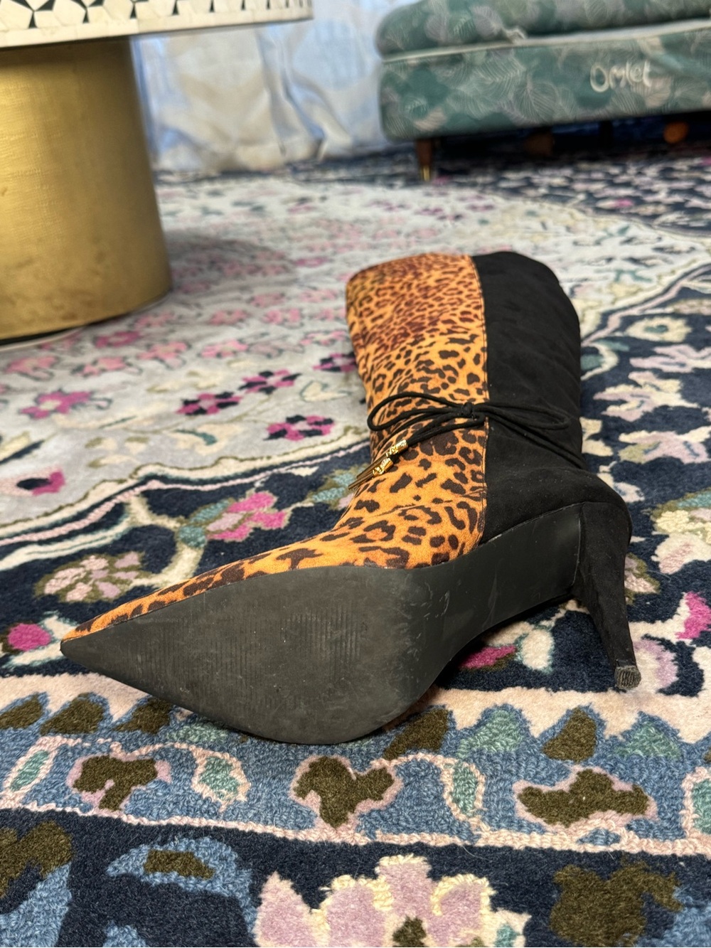 🐆▪️Black + Leopard Over-the-Knee Stiletto Boots with Rhinestone Tassel Ties▪️🐆 - Picture 7 of 8